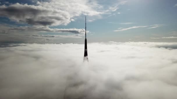 Riga Latvia Tower Zakusala Smoke Clouds Europe Biggest Aerial Drone — Stock Video