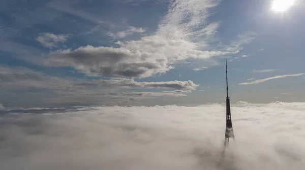 Riga Latvia Tower Zakusala Smoke Clouds Europe Biggest Aerial Drone — Stock Photo, Image