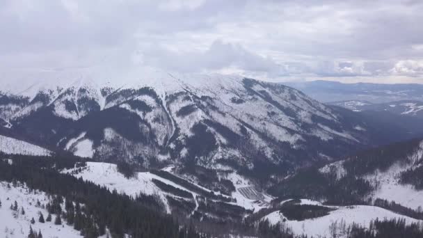雪の山スロバキア スキー冬ジャスナ ヨーロッパ空中ドローン トップ ビュー — ストック動画