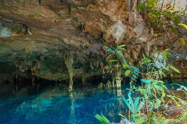 Cenote Dos Ojos Com Água Azul Clara Caverna — Fotografia de Stock
