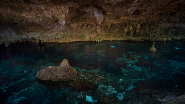 Cenote / Dos Ojos met helder blauw water — Stockfoto