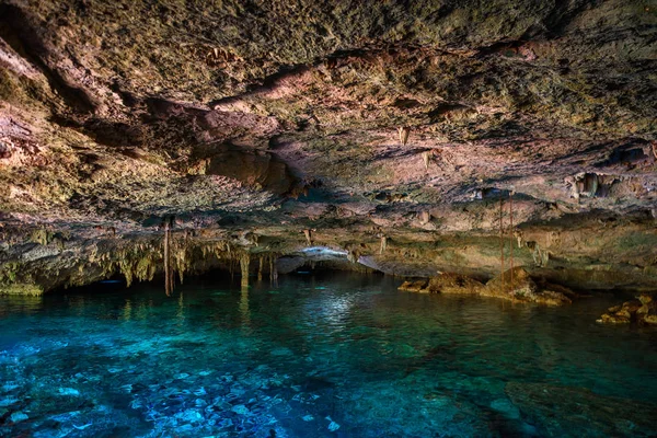 Cenote / Dos Ojos met helder blauw water — Stockfoto