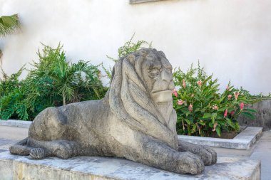 Kaidedeki taş aslan heykeli. Binanın yakınında heykel.