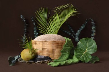 Kahverengi bir arka plan üzerinde palmiye yaprakları ve bitkiler ile dekore yenidoğan çekim için Sepet.