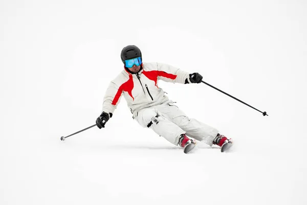 Professional Alpine Slalom Skier Skiing Prepared Piste Fresh Snow Mountains — Stock Photo, Image