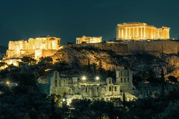 Vista Nocturna Acrópolis Atenas Grecia Las Estructuras Griegas Antiguas Acrópolis — Foto de Stock