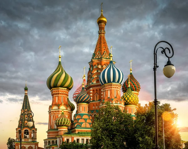 Basil Cathedral Solnedgången Moskva Ryssland Basil Temple Stora Sevärdheterna Moskva — Stockfoto