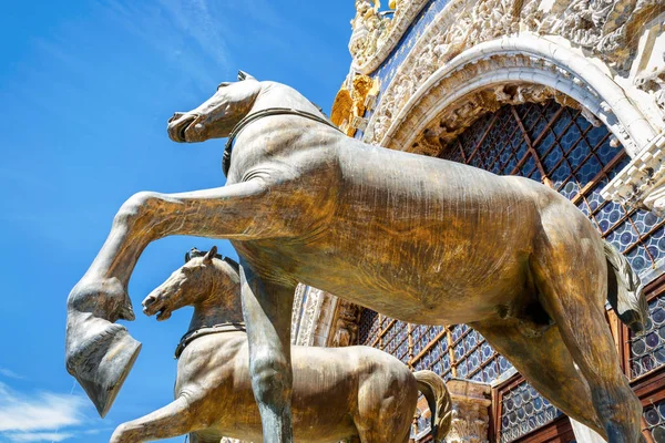 在意大利威尼斯圣马克广场 圣马马可 的圣马克大教堂的古青铜马 美丽的地标威尼斯在夏天 圣马克大教堂门面的建筑细节 — 图库照片