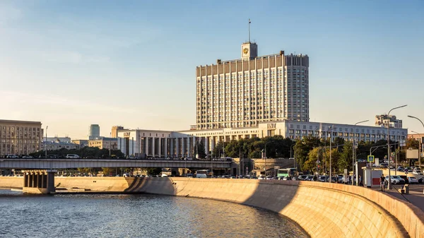 House of the Government of the Russian Federation, Moscow, Russia. Panoramic view of the Krasnopresnenskaya embankment with Russian White House. Nice panorama of Moskva River in summer evening.