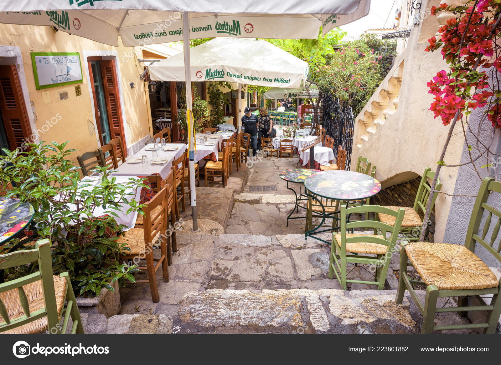 Athens May 2018 Street Cafe Flowers Plants Plaka District Athens