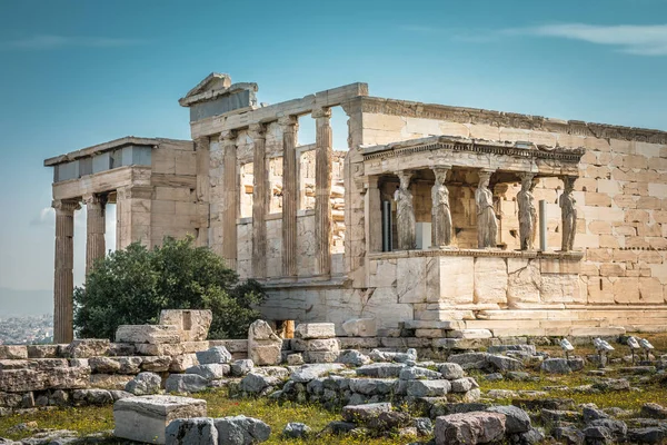 希腊雅典雅典卫城上的埃里希翁神庙与卡里亚蒂德 波奇在雅典卫城 著名的雅典卫城山是雅典的主要地标 雅典中心的古希腊遗址 夏天的古色古香的雅典的残余 — 图库照片