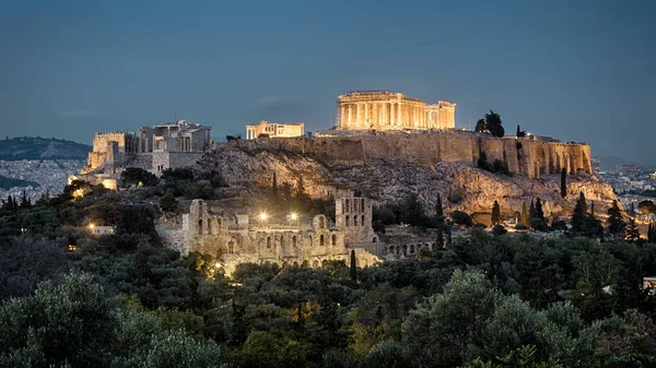 Vista Panorámica Nocturna Acrópolis Atenas Grecia Colina Famosa Acrópolis Punto — Foto de Stock