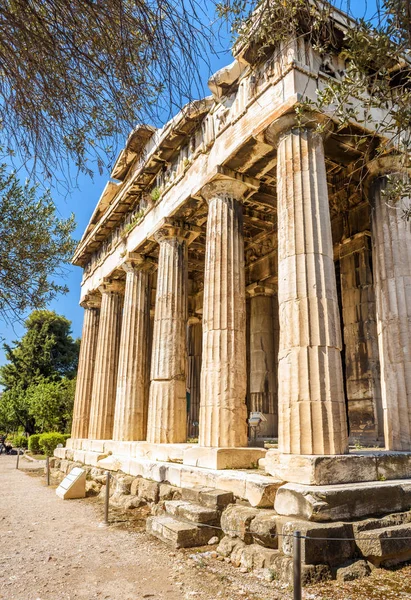 Temple of Hephaestus in Athens, Greece. It is one of the main landmarks of Athens. Scenic view of Ancient Greek ruins in Athens centre. Famous historical architecture at the Agora of Athens in summer.