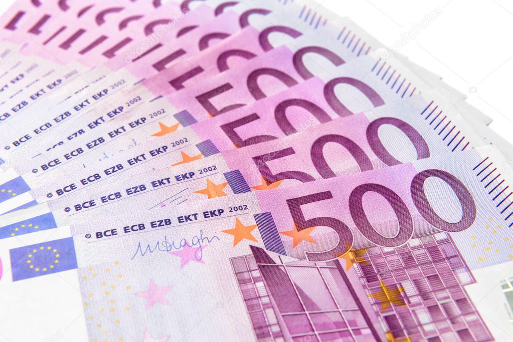 500 euro money banknotes isolated on a white background. Five hundred notes of European Union currency. Fan with euro money cash close-up. Concept of bank, stock and wealth.