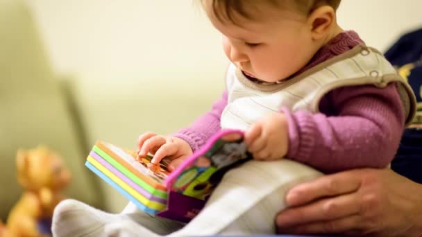 Niña Leyendo Libro Para Niños Habitación Párrafo Cine — Vídeo de stock