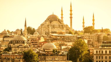 Istanbul cityscape güneş ışığı altında Türkiye'de. Süleymaniye Camii ile eski Istanbul Panoraması. Güneşli manzara Istanbul Merkezi Doğu vintage binaların. Yaz aylarında Istanbul 'un Osmanlı mimarisi.