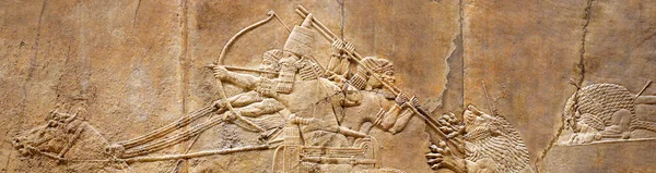 Relieve Pared Asiria Caza Real Del León Antiguo Panel Panorámico —  Fotos de Stock