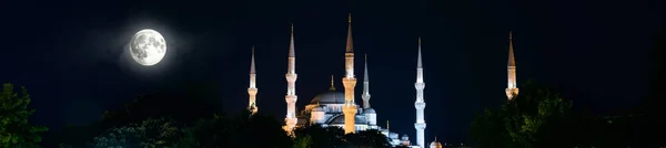 Mosquée Bleue Sultanahmet Nuit Istanbul Turquie Minarets Éclairés Pleine Lune — Photo