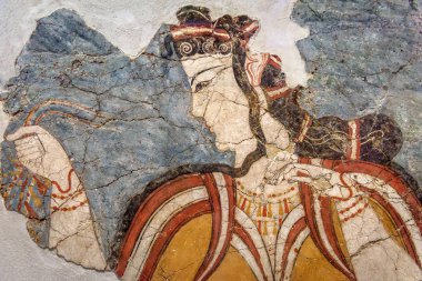 Antik Yunan fresk kadının. Yunanistan'da antik medeniyetin kültür kalıntıları. Güzel antika duvar boyama, eski Yunan sanat. Duvar yakın çekim kırık.
