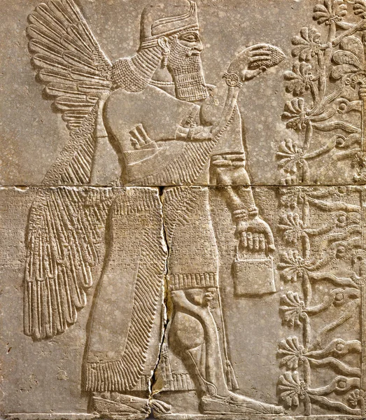 亚述人的墙浮雕了一个有翅膀的天才与楔形 中东历史上古老的雕刻板 古代亚述和苏美尔文明文化的遗迹 — 图库照片