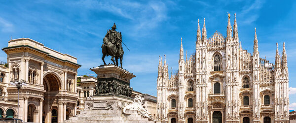 Panorama of the Milan city center, Italy. Galleria, monument to Victor Emmanuel and Milan Cathedral in summer. This place is a top tourist attraction of Milan. Beautiful view of the Milano landmarks.