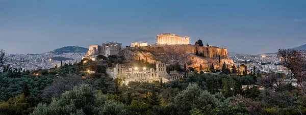 Panoramablick Auf Den Akropolis Hügel Bei Nacht Athen Griechenland Die — Stockfoto