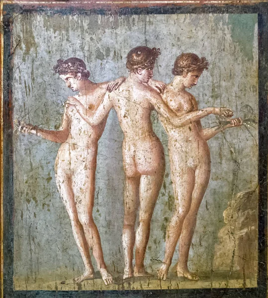 Fresco in Pompeii near Naples, Italy. Famous wall painting Three — Stock Photo, Image