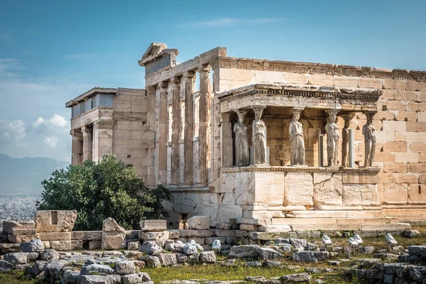 埃雷希翁神庙与卡利亚蒂德波尔奇在古老的雅典卫城，阿思 — 图库照片