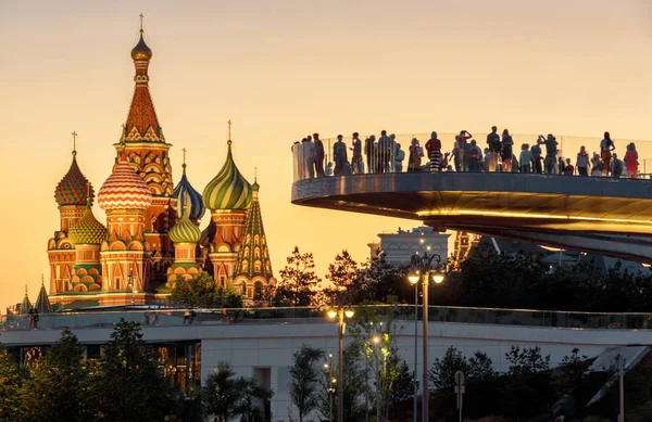Floating bridge overlooking St Basil`s Cathedral at sunset, Mosc Royalty Free Stock Images