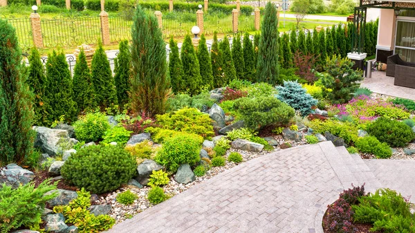 Landscaping panorama of home garden — Stock Photo, Image