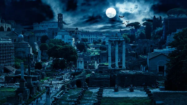 Misterio espeluznante vista del Foro Romano en la noche, Roma, Italia — Foto de Stock