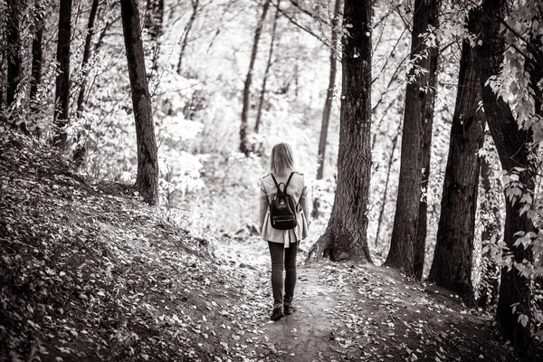 Woman in autumn forest, back view. Lonely adult girl walking awa