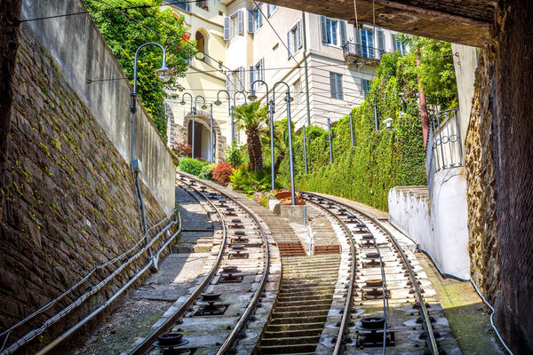 View to Citta Alta houses from tunnel of funicular, Bergamo, Ita