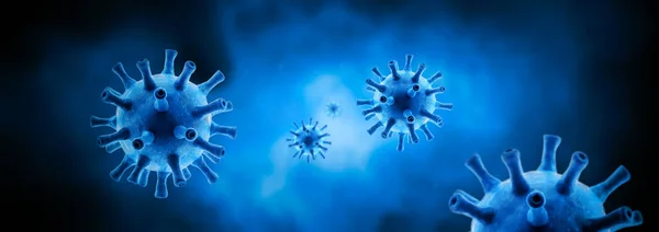 Coronavirus panoramic banner with viruses in blue lighting, 3d rendering. Microscopic view of SARS-CoV-2 corona virus inside organism, concept of COVID-19, science, coronavirus research and technology