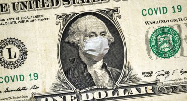 ABD 'de Coronavirus, yüz maskeli 1 dolarlık banknot. COVID-19 küresel borsayı etkiliyor. Corona virüsü salgını dünya ekonomisini vurdu. Kriz, durgunluk, yatırım ve finans kavramı.
