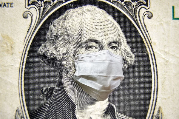 Coronavirus in USA, President Washington with face mask on dollar money bill. COVID-19 affects global stock market. World economy hit by corona virus pandemic fears. Concept of crisis and finance.
