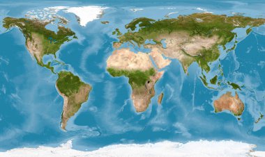 Küresel uydu fotoğrafında doku olan dünya haritası, uzaydan dünya görüşü. Kıtaların ve okyanusların detaylı düz haritası, gezegen yüzeyinin manzarası. Bu görüntünün elementleri NASA tarafından desteklenmektedir.