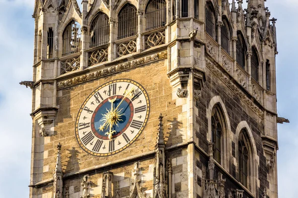 Clock Tower New Town Hall Rathaus Marienplatz Square Closeup Munich — Stock Photo, Image