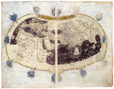 Claudius Ptolemy 'nin nadir bulunan ortaçağ coğrafya kitabının dünya haritası 1480 yılında yayınlandı. Kara ve denizlerle birlikte ayrıntılı Eskiler haritası. Antika, haritacılık, gravür ve tarih kavramı..