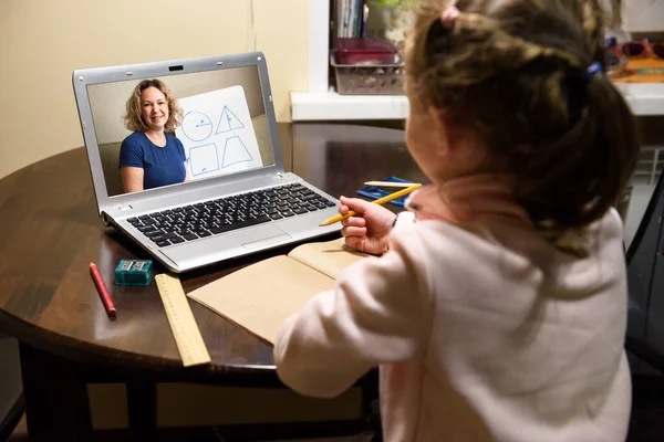 Online home education, tutor teaches preschool child during quarantine due to coronavirus. Kid learning with teacher by laptop. Concept of virtual distance lesson and elearning study technology.