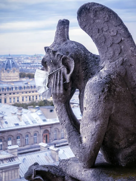 Covid Coronavirus France Masque Chirurgical Sur Gargouille Notre Dame Paris — Photo