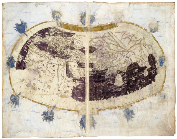 1480年に出版されたクラウディウス プトレマイオスによる珍しい中世の本の地理からの世界地図 詳細ヴィンテージ土地と海と古代の地図 アンティーク 歴史の概念 — ストック写真