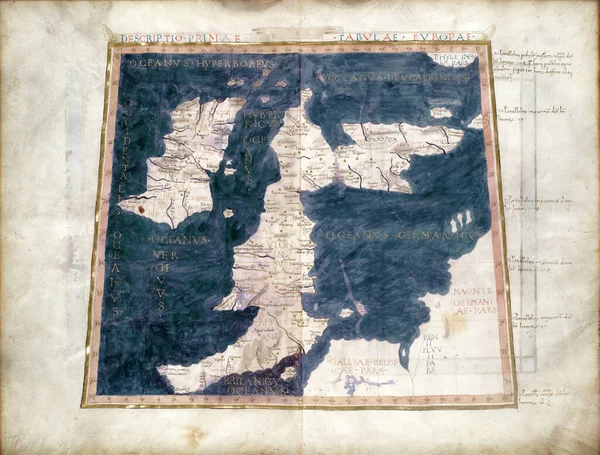 1480年に出版されたクラウディウス プトレマイオスによる珍しい中世の本の地理からの英国の古い地図 ヴィンテージ古代世界地図の詳細を閉じる アンティーク イングランド スコットランドの歴史の概念 — ストック写真