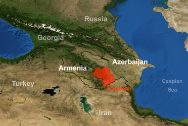 Dağlık Karabağ 'daki Ermenistan-Azerbaycan çatışması coğrafi haritada yer alıyor. Bu görüntünün elementleri NASA tarafından desteklenmektedir.