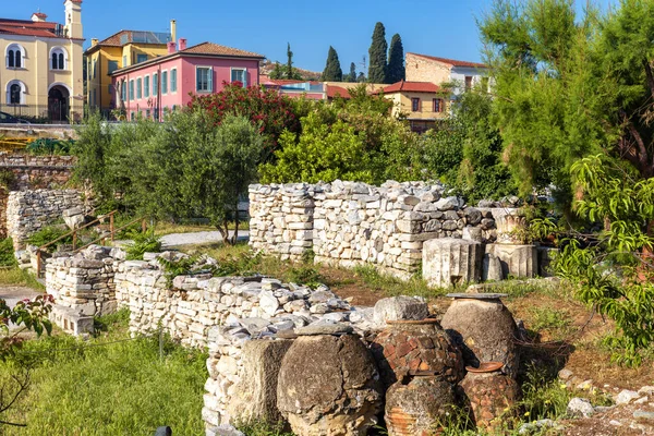 Hadrian`s Library in Athens, Greece. Classical Ancient Greek ruins at Plaka district in Athens city center. This place is famous tourist attraction of Athens. History and travel concept.