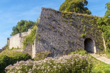 Almanya 'nın Bad Urach kasabası yakınlarındaki Hohenurach Kalesi. Bu ortaçağ şatosunun aşırı gelişmiş kalıntıları Baden-Wurttemberg 'in simgesidir. Yazın Swabian Alpleri 'ndeki terk edilmiş Alman şatosunun girişi.