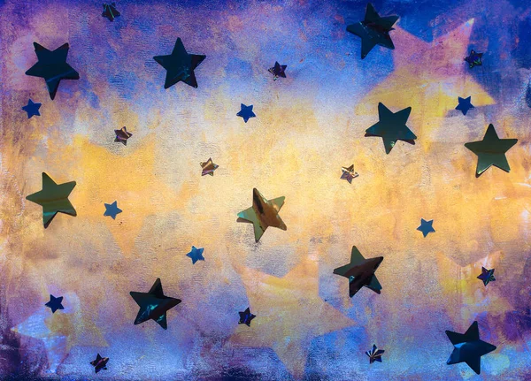 Textured Bright Colored Blue Yellow Background Foil Stars Decoration — Stock Photo, Image