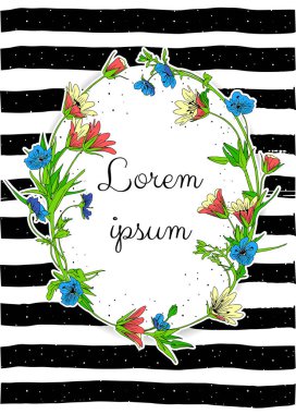 Vektör parlak renkli çiçek çelenk. El çiçek çelenk çizgili noktalı arka plan üzerinde çekilmiş. Botanik zarif dekoratif kaydet Tarih, teşekkür ederim, Rsvp, Gelin Duş, bahar tebrik kartı tasarım şablonu.