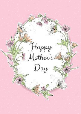 Vektör pastel renkli mutlu anneler günü tebrik kartı şablonu. El yapışan pembe çiçek çelenk çekilmiş. Botanik zarif dekoratif kaydet Tarih, sen, Rsvp, Gelin Duş sağ ol bebeğim duş şablonu.