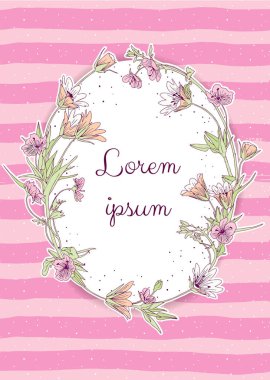 Vektör pastel renkli pembe kart şablonu. El çekilmiş çiçek çelenk şeritli ve yapışan pembe arka plan üzerinde. Botanik zarif dekoratif kaydet Tarih, sen, Rsvp, Gelin Duş sağ ol bebeğim duş şablonu